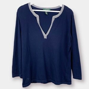 Lauren Ralph Lauren Navy Cream V-Neck Sweater Size Large